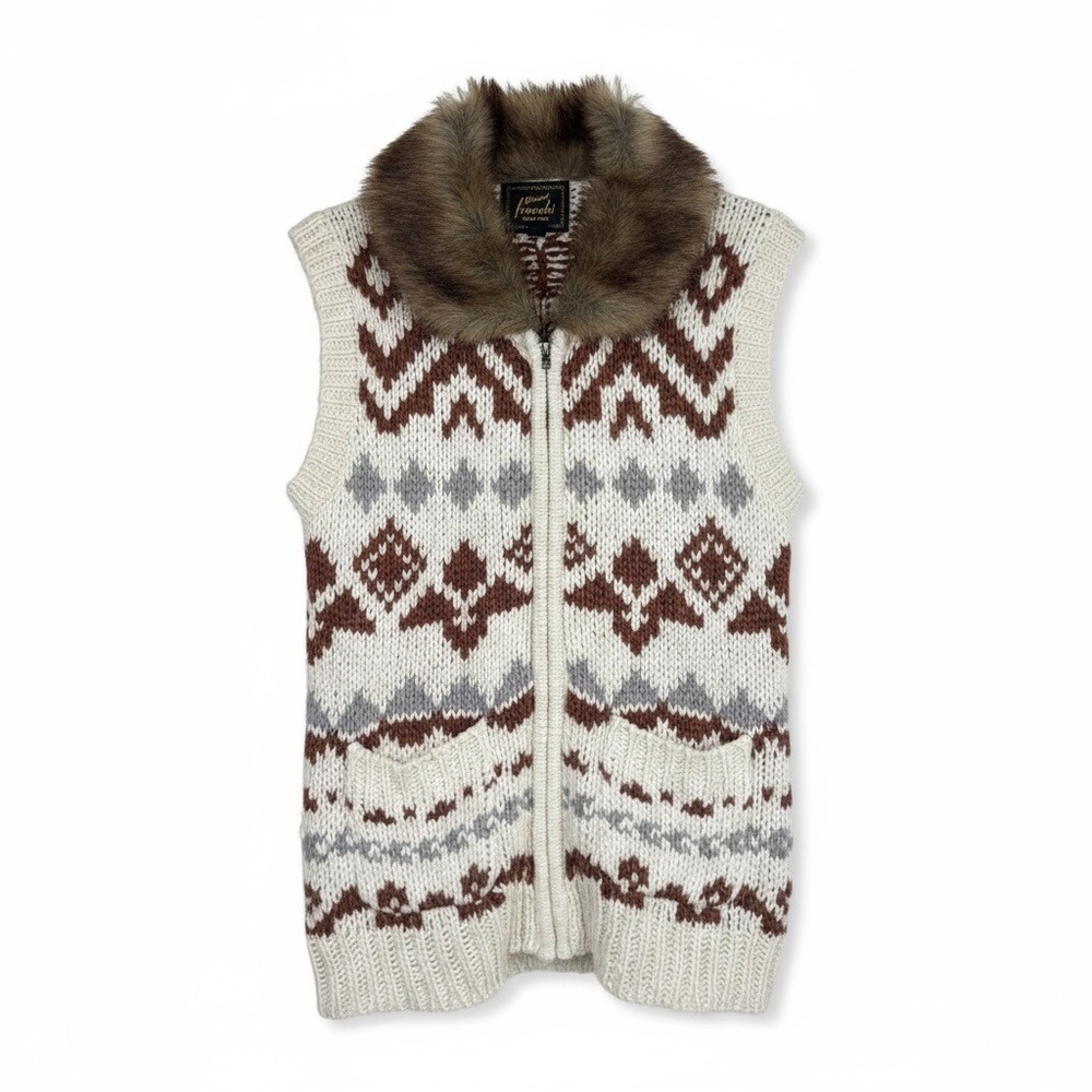 Frenchi Fair Isle Faux Fur Collar‎ Knit Zip Up Vest Cream Brown Scandi Cottage
